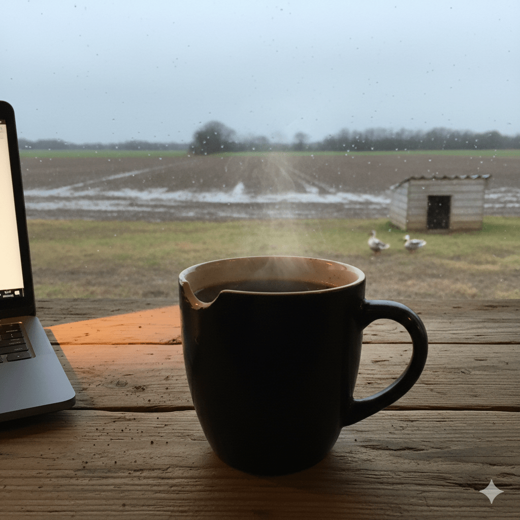 Kaffekopp och dator på en bondgård, symboliserar grubblerier om politik och teknik inför valåret 2026